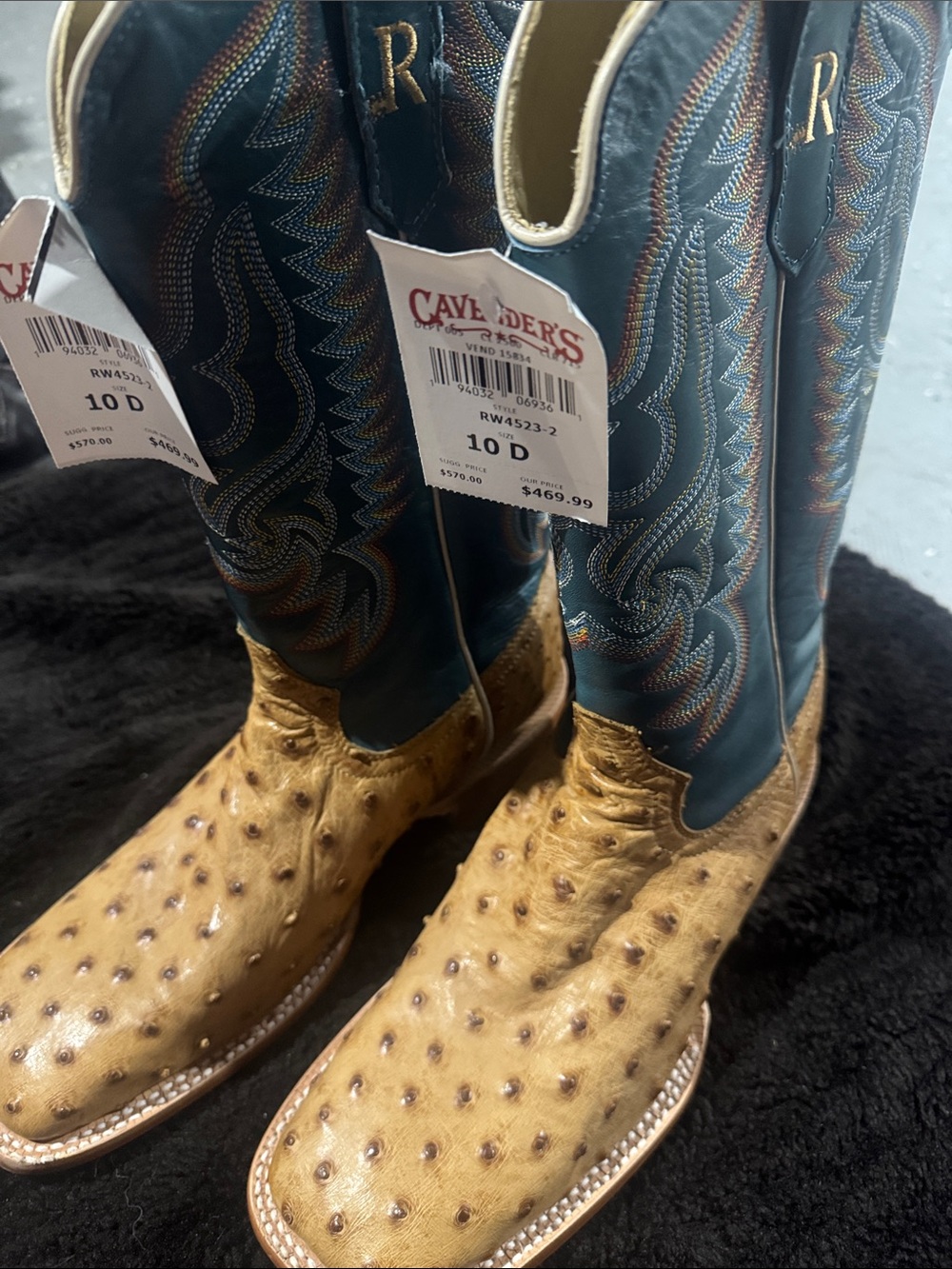 Cavender's Two-Tone Ostrich Cowboy Boots - Tan & Teal